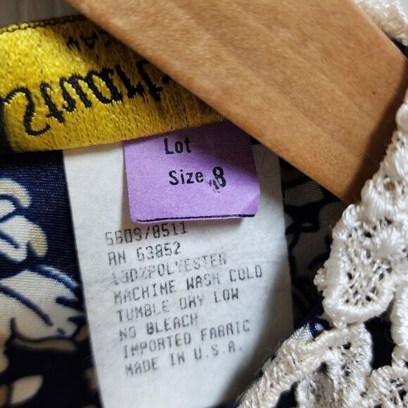 Vintage Stuart Alan Dress 8 Navy Floral Lace Peter Pan Collar Smocked Waist - Picture 10 of 11